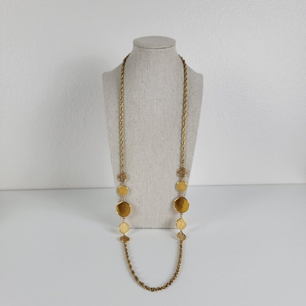Vintage Sarah Coventry Gold-Tone Amber Lucite Discs Station Necklace 37" Flapper